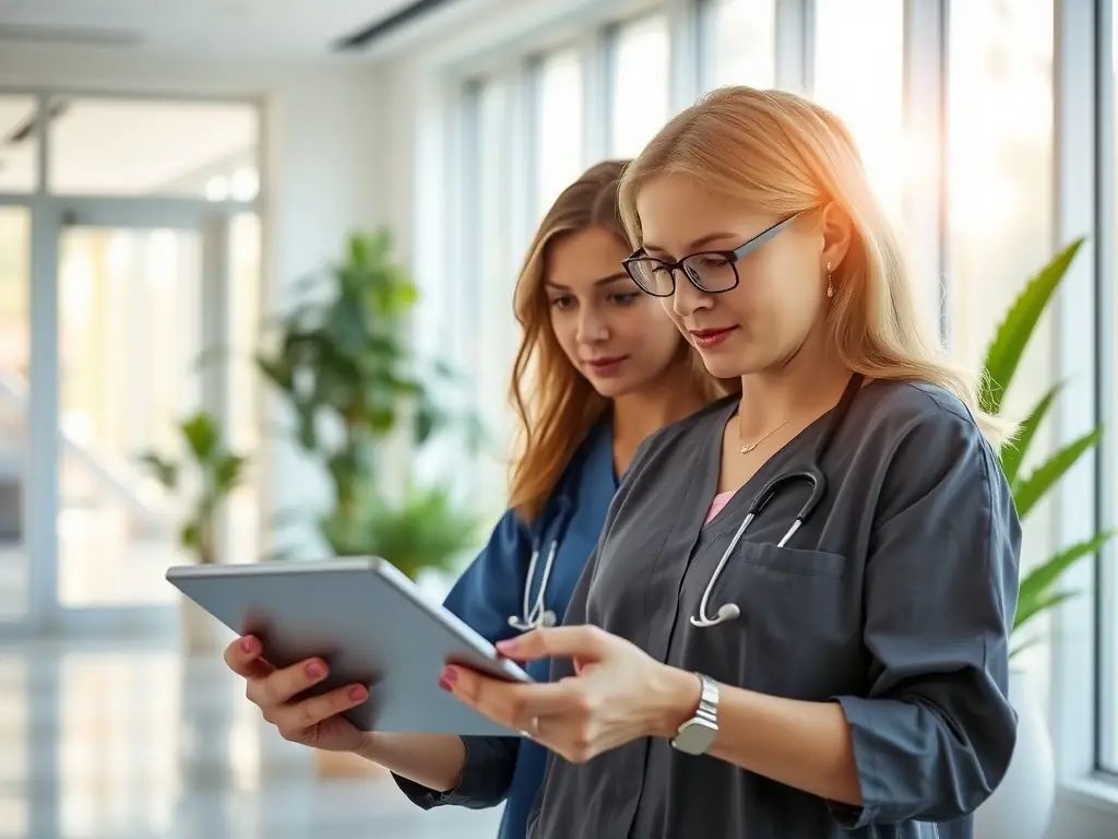 A professional healthcare provider in a modern office setting, smiling and consulting with a patient while reviewing medical records on a tablet, symbolizing personalized care.